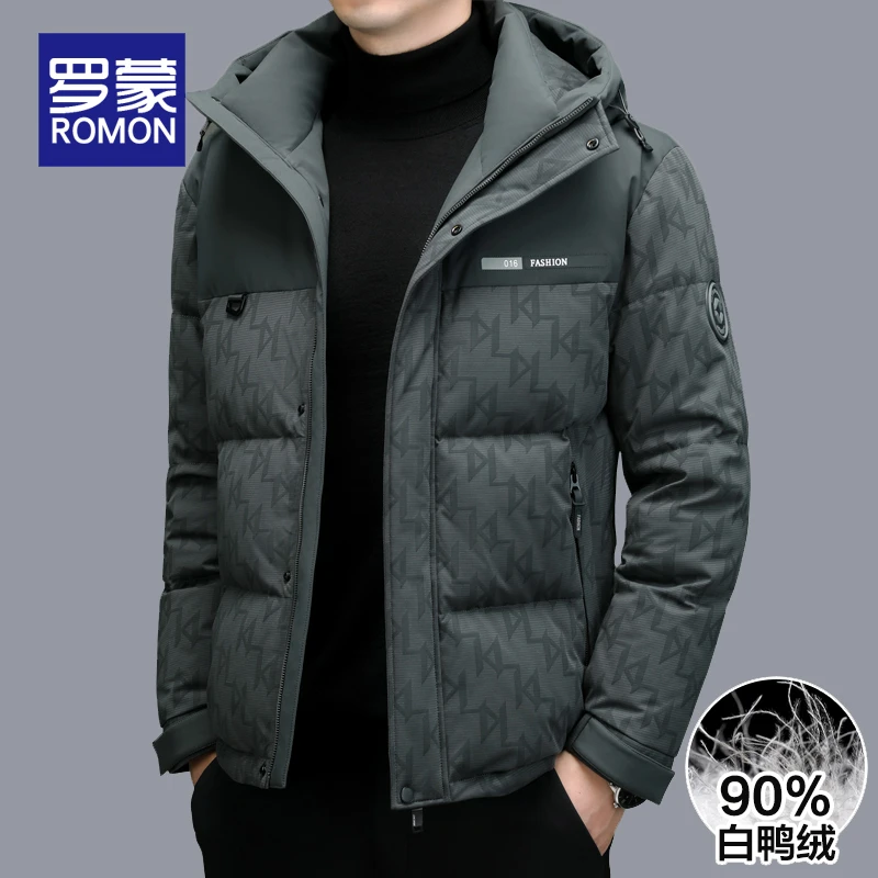 罗蒙男士冬季短款羽绒服男款2025新款印花潮流连帽保暖爆款外套男