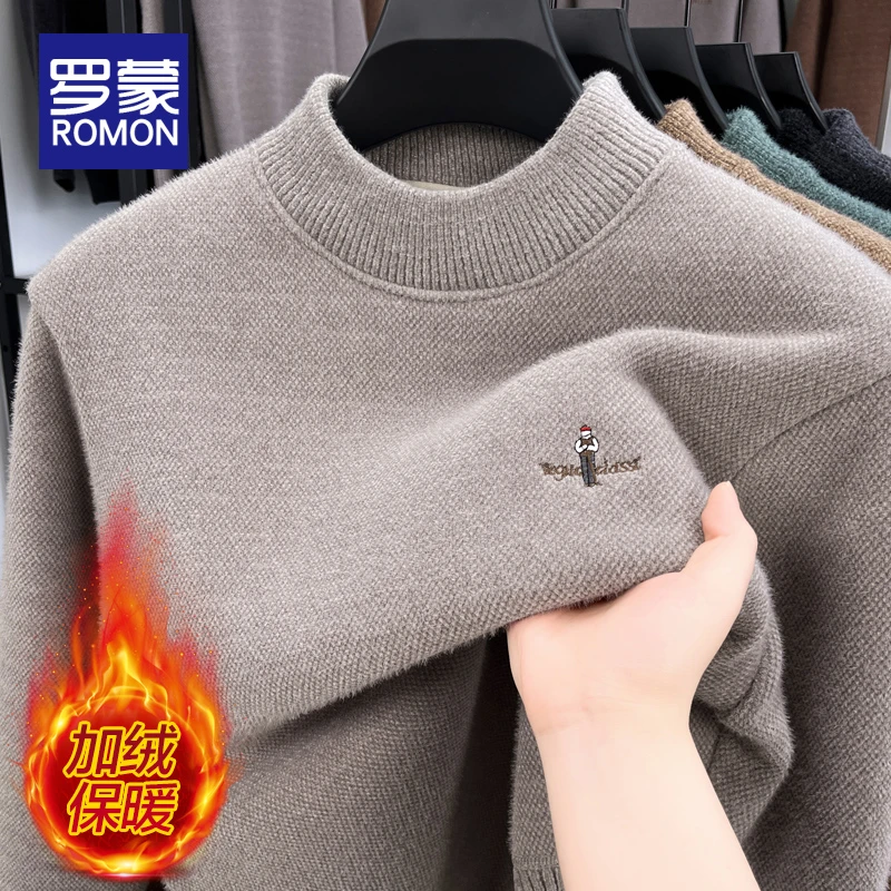 罗蒙秋冬季男士新款毛衣圆领休闲刺绣针织衫男加绒加厚针织打底衫