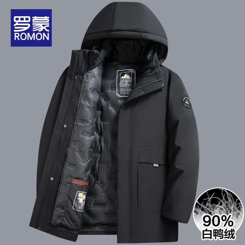罗蒙男士连帽可拆卸羽绒服男款2025新款冬季中长款保暖舒适外套男