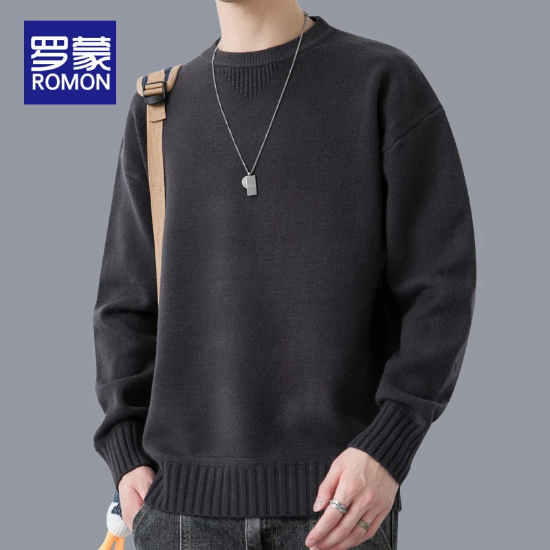 罗蒙男士纯色圆领毛衣休闲保暖针织衫男秋冬季潮牌慵懒风上衣男款