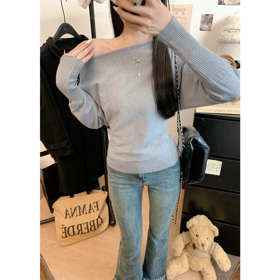 一字领露肩软糯毛衣新款纯色套头针织衫上衣