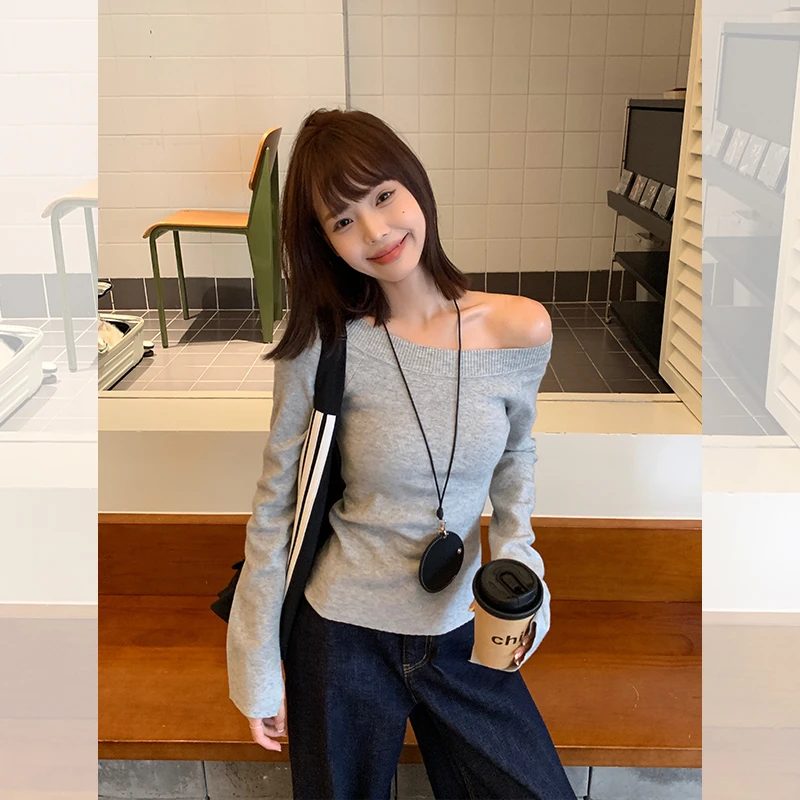 灰色露肩斜肩针织衫女2025春秋新款修身显瘦长袖辣妹设计感上衣潮