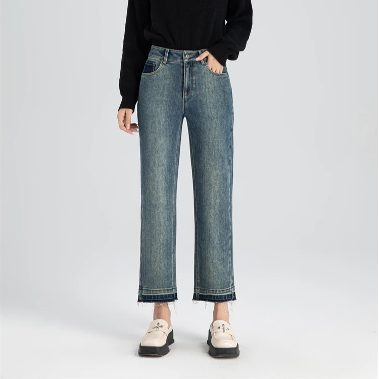 秋季新款高腰直筒牛仔裤显瘦宽松复古法棍烟管裤65505