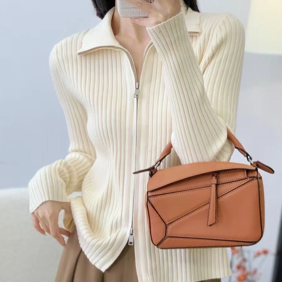 翻领毛衣女秋冬季2024年新款慵懒风宽松灰色拉链针织开衫外套上衣