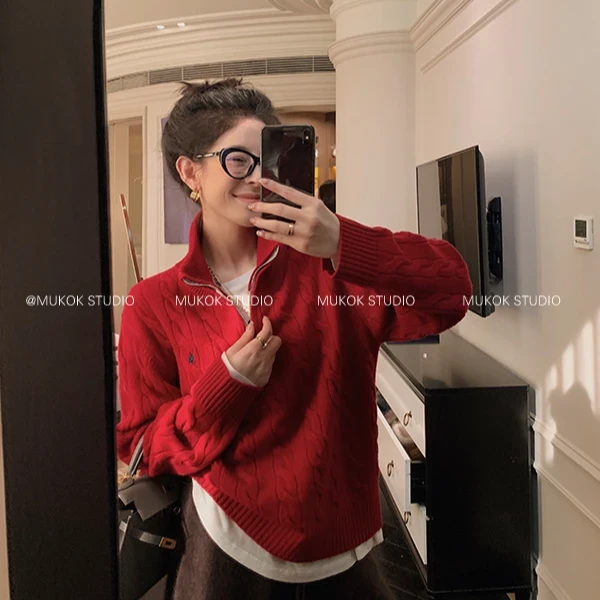 2024秋冬新款针织衫套头立领毛衣休闲百搭麻花上衣