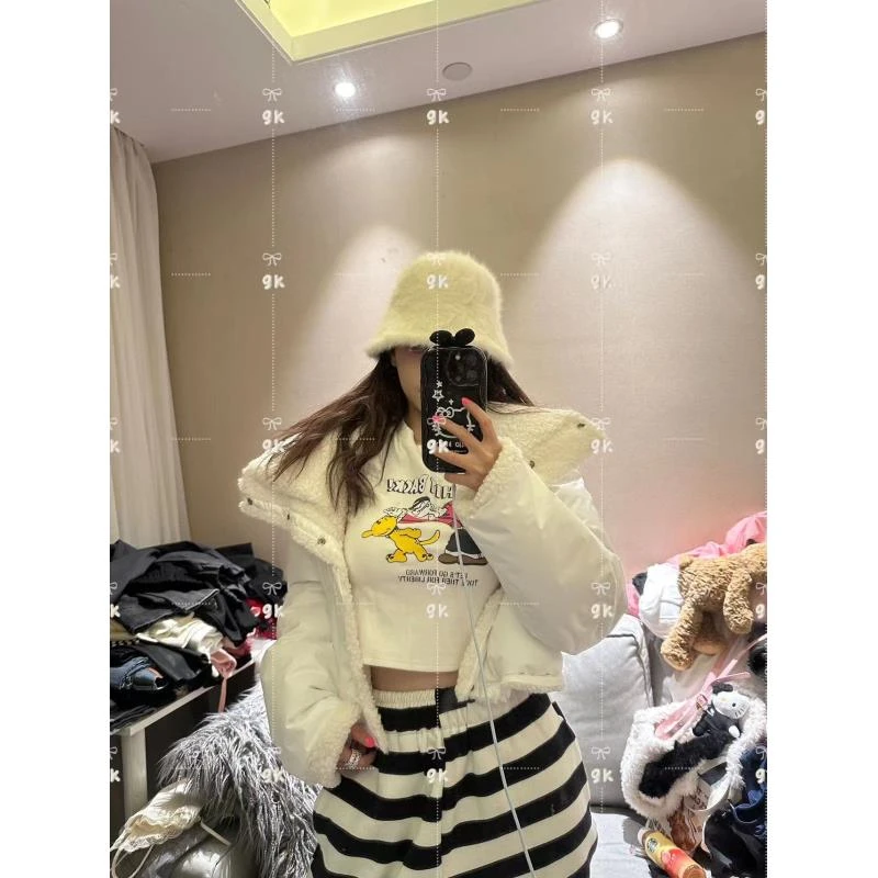 设计感拼接两面穿显瘦短外套女装2024年冬季新款面包服时尚三件套