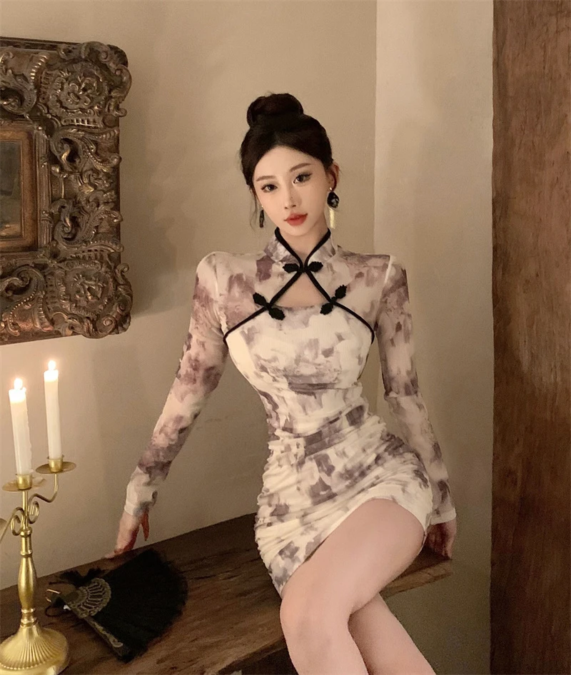 新中式性感修身显瘦旗袍裙女装2024年新款镂空网布复古连衣裙子潮