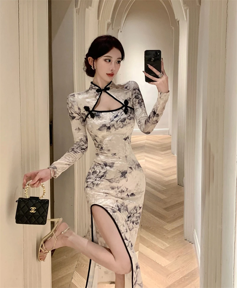 新中式复古改良开叉修身显瘦连衣裙子女装日常款气质时尚收腰长裙