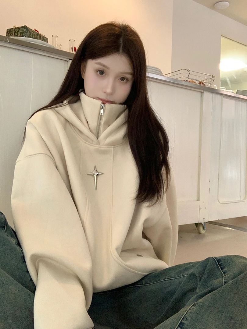 小众设计感加绒连帽卫衣女装冬季新款宽松显瘦立领百搭显瘦外套潮