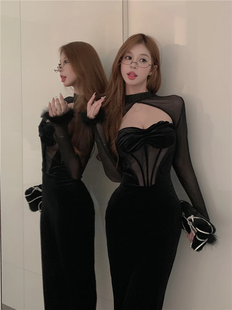 性感辣妹风毛绒拼接网纱镂空长裙女装秋冬新款修身显瘦连衣裙子潮