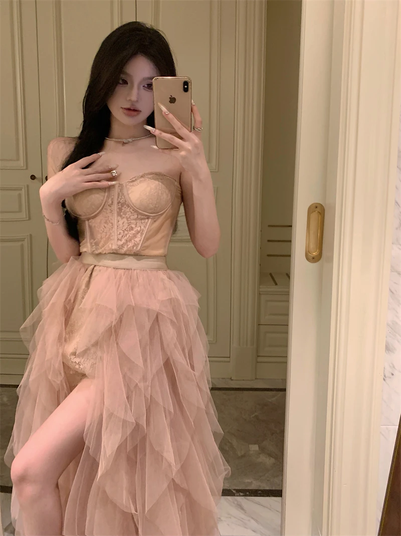 法式重工网纱蕾丝抹胸连衣裙女秋冬裙子一字肩不规则开叉气质长裙