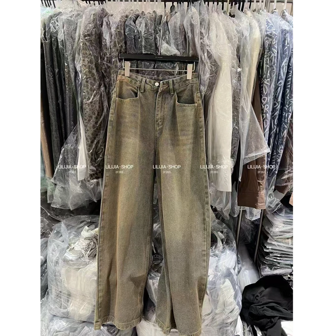 y537  欧货新款复古做旧水洗牛仔裤女2024秋冬直筒拖地裤长裤