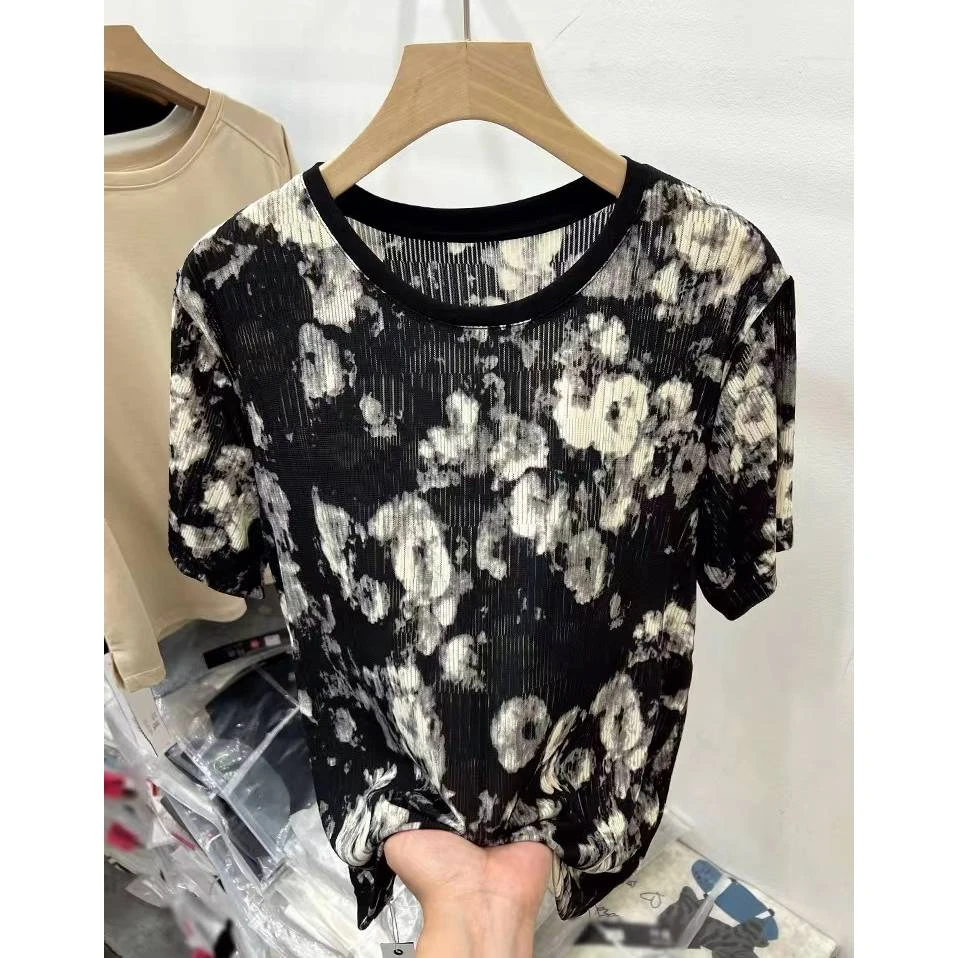 b088 欧货新款2024显瘦时尚百搭夏季宽松印花圆领休闲T恤女