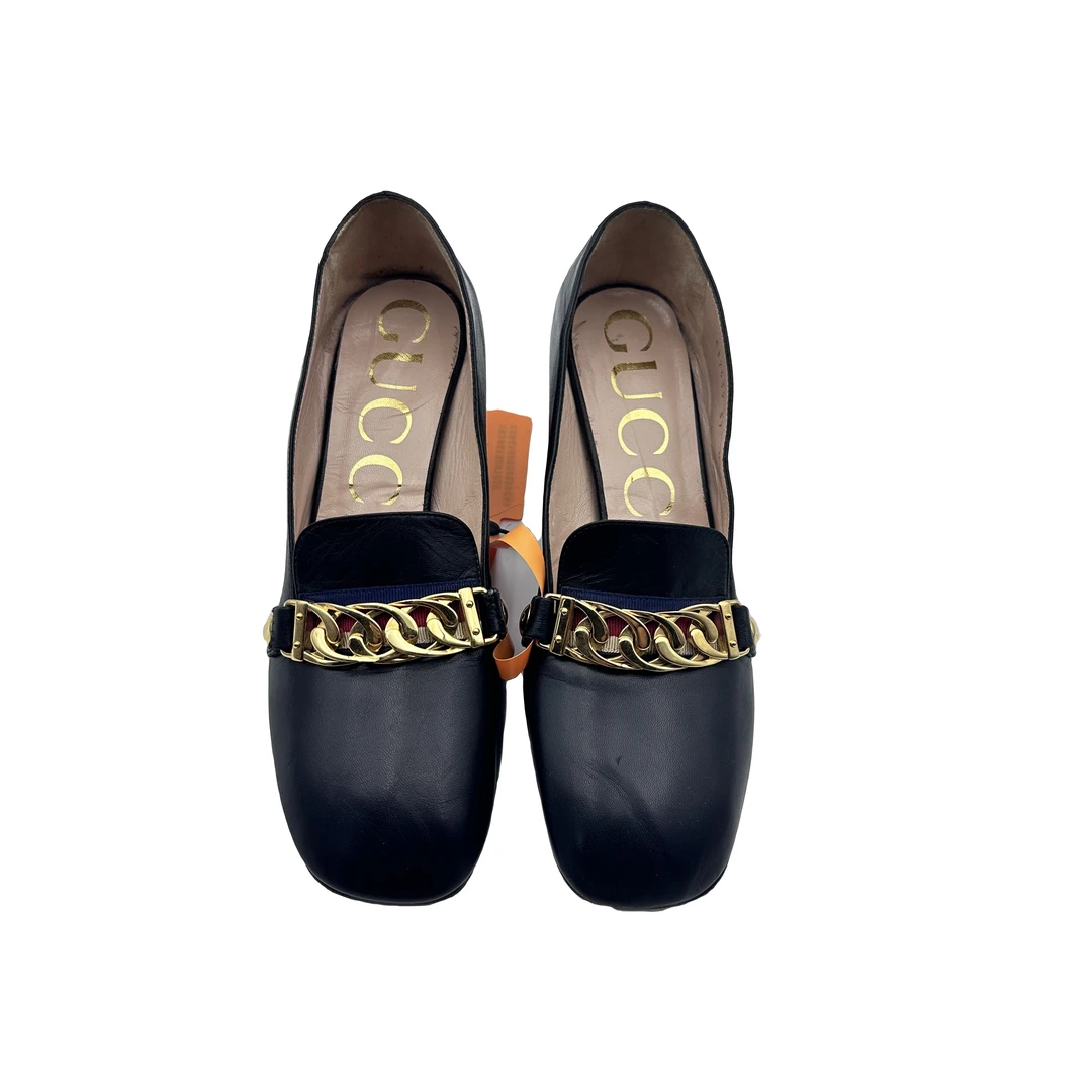 gucci/37码/Sylvie金属链条皮鞋/98新/时尚潮流潮鞋/VV010