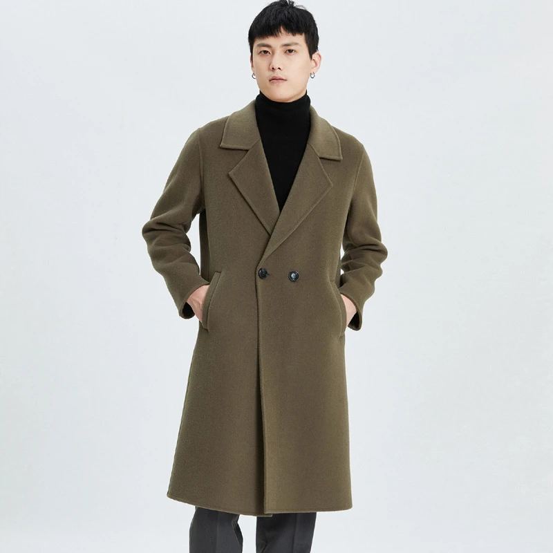 冬季长款双面羊毛大衣男双排扣西装领毛呢子外套过膝厚款风衣男士