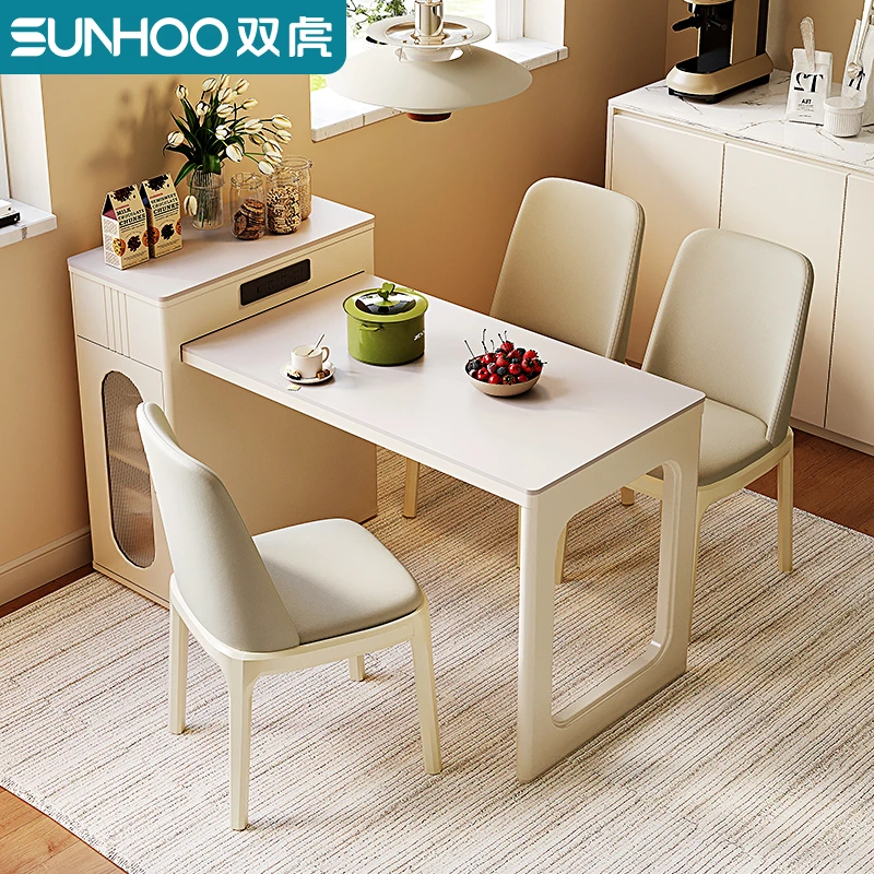 Sunhoo/双虎极简奶油风岛台餐桌一体式可伸缩岩板餐桌椅组合109