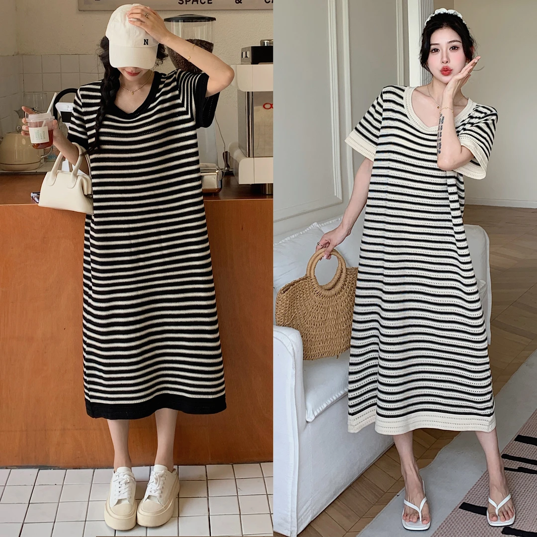 清清价 2024夏上新/胖mm宽松显瘦中长裙200斤条纹针织连衣裙女