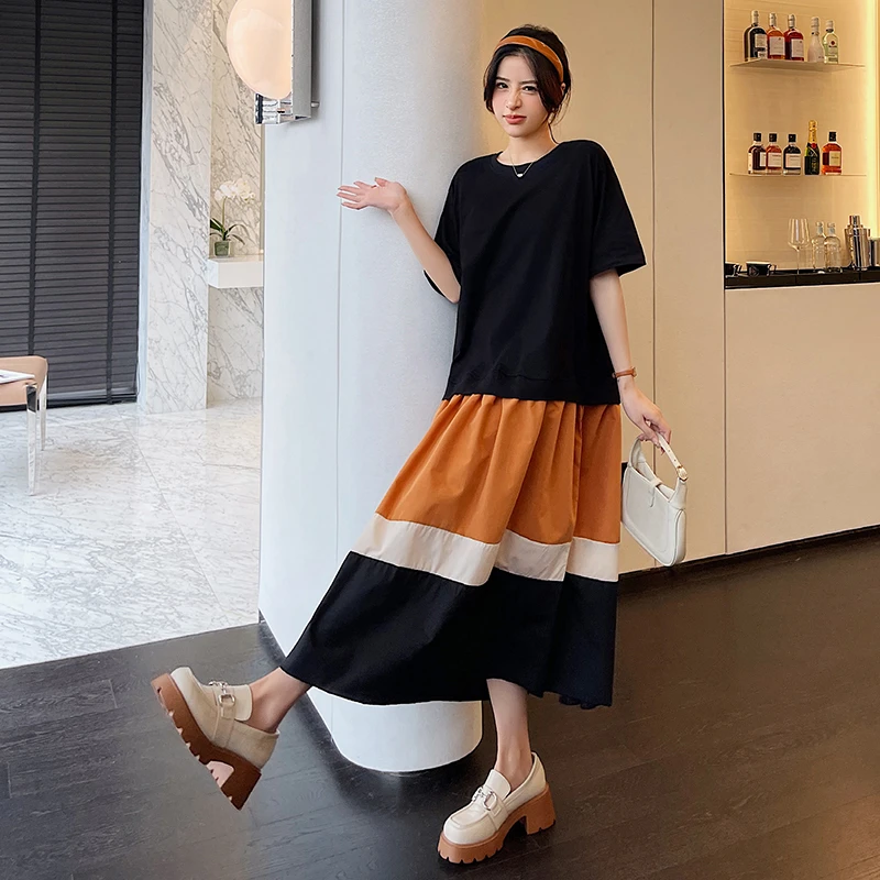 茉莉家 2025夏新款/宽松大码拼色拼接裙摆假两件短袖连衣裙