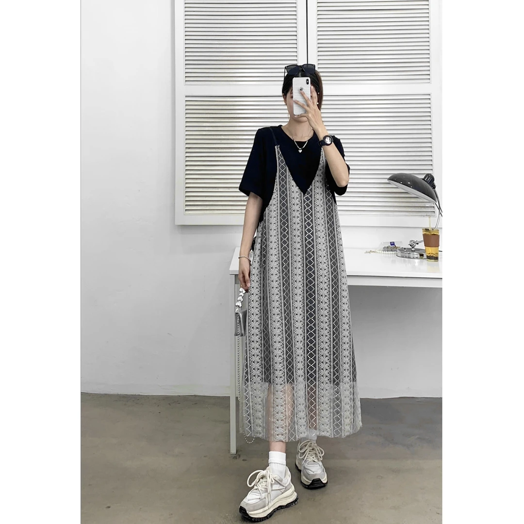 新款上新度假风镂空假两件设计感时尚显瘦大码女装裙