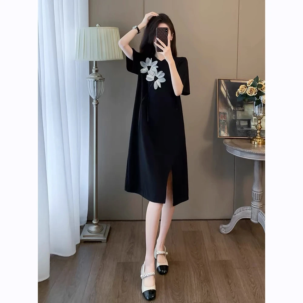 黑色立体花拼接连衣裙女中长款夏季新款法式宽松减龄开叉T恤裙女