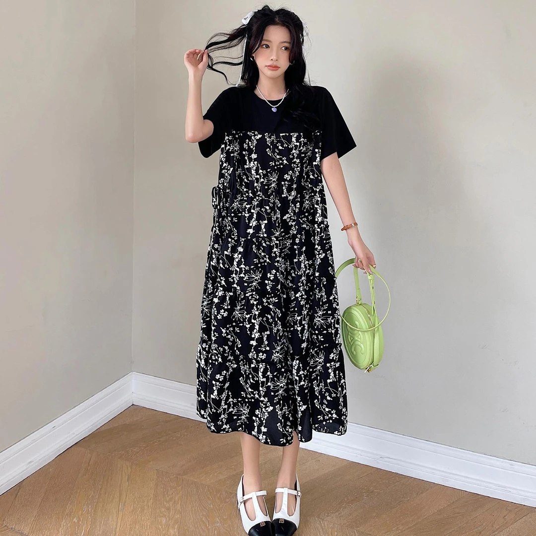 夏新款/胖mm大码假两件桔梗碎花裙a字茶歇短袖连衣裙