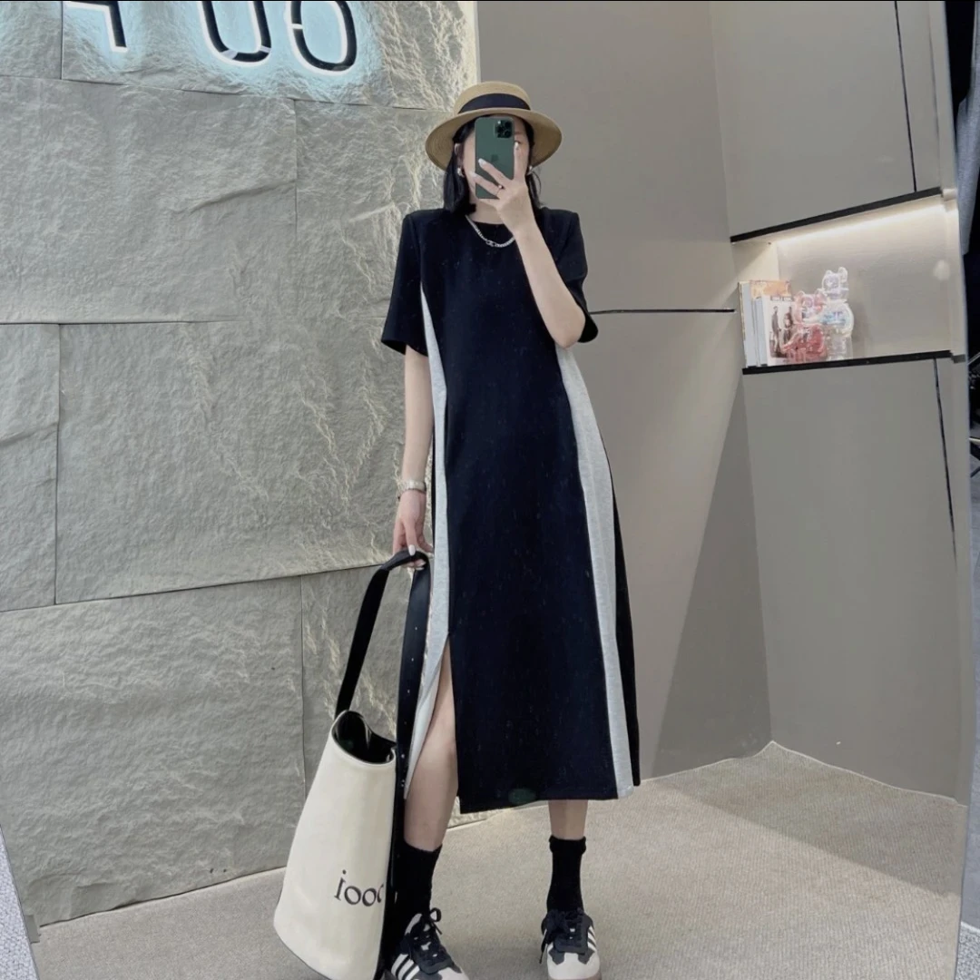 夏季大码新款撞色开叉显瘦裙子中长款休闲宽松胖mm短袖连衣裙女