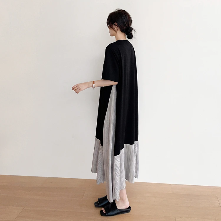 2025夏新款/长款大码拼醋酸缎显瘦法式高级感品质短袖连衣裙