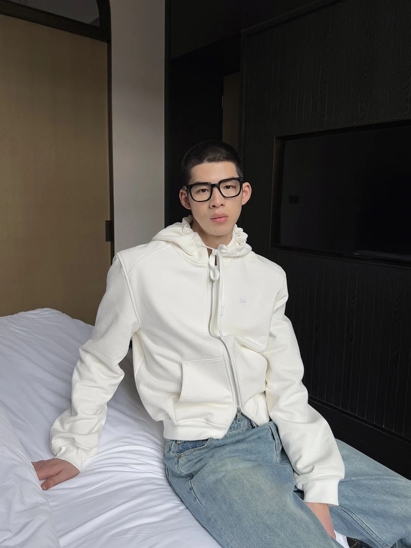 weave 玩转黑白 580g重磅纯棉短款廓形垫肩厚实双拉链连帽卫衣