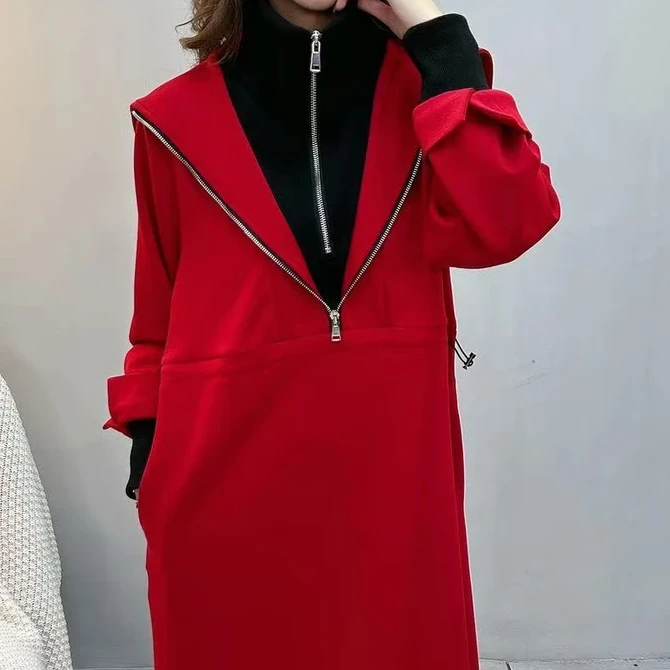 显瘦加绒加厚秋季假两件撞色拼装重工拉链韩版翻领卫衣连衣裙气质