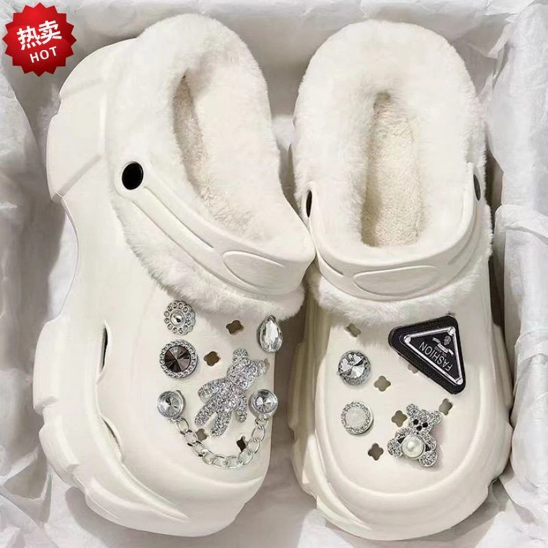 加绒保暖洞洞鞋女秋冬厚底增高防滑两穿毛毛棉拖鞋