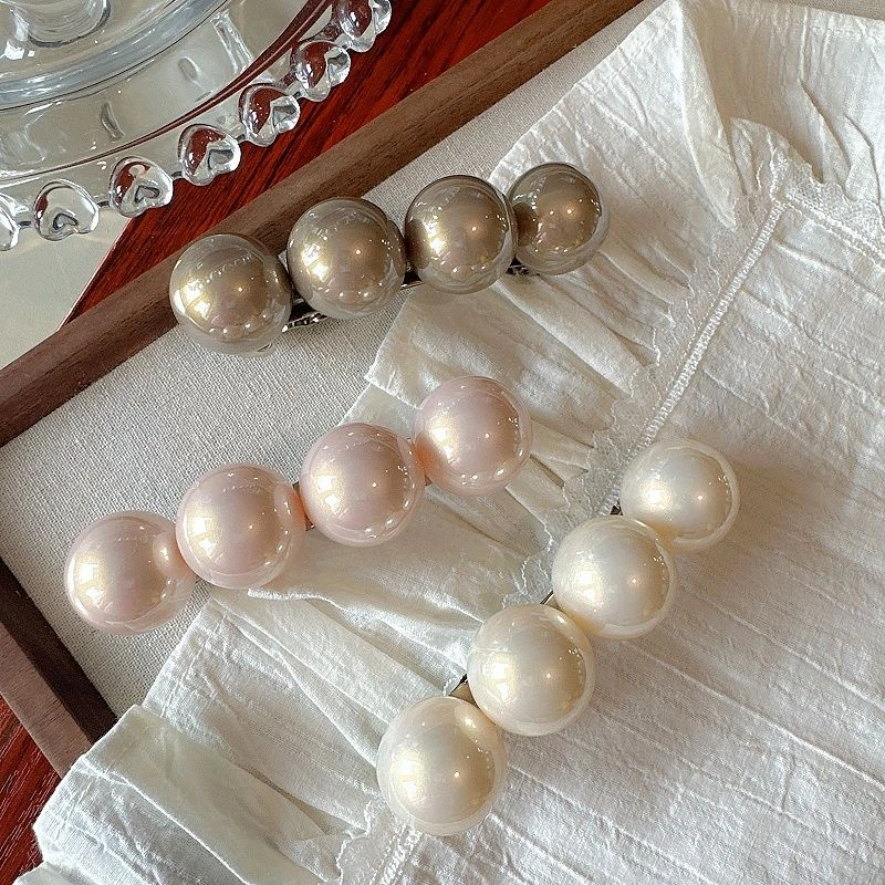 直播韩款复古气质发饰边夹立体顶夹女发卡大颗珍珠一字发夹弹簧夹