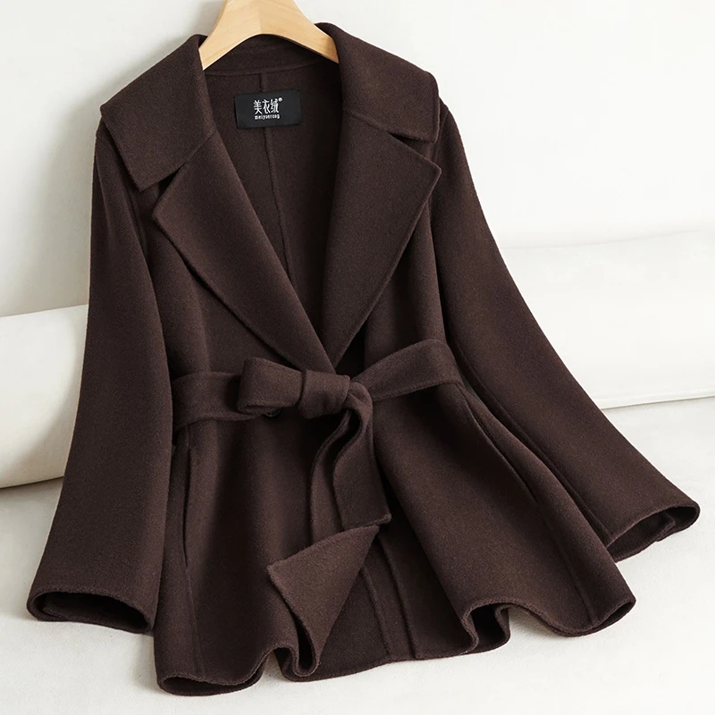 咖色双面羊毛大衣女短款2025秋冬新款小个子时尚修身显瘦毛呢外套