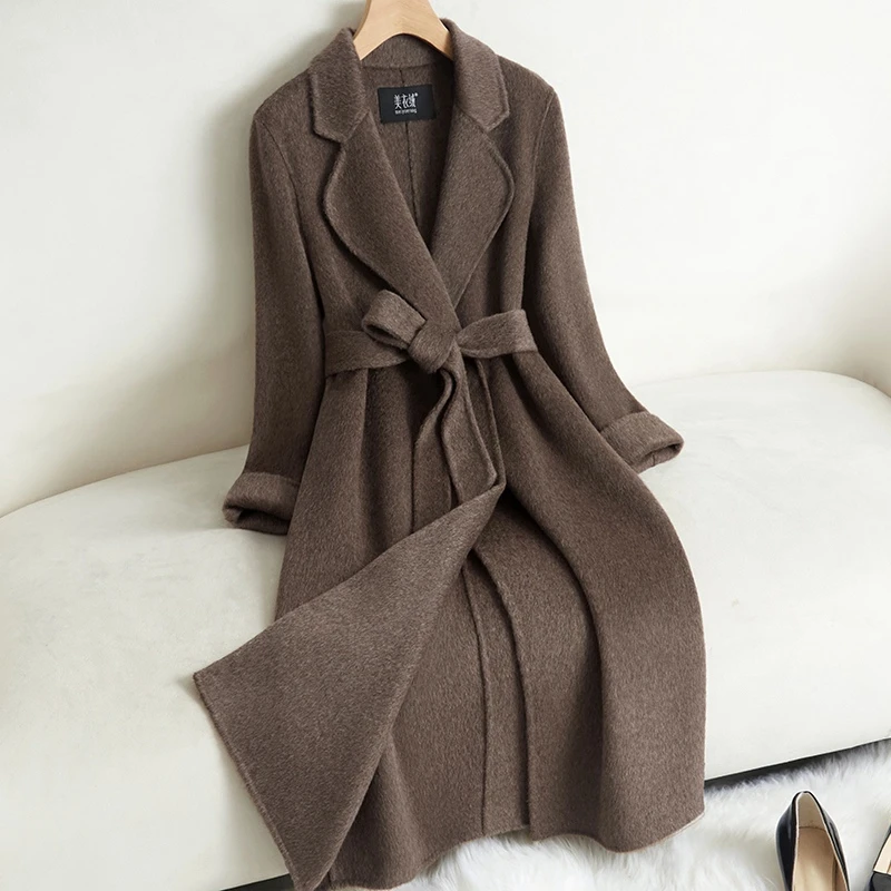2025新款双面羊毛大衣女中长款过膝咖色气质爆款羊毛呢外套赫本风