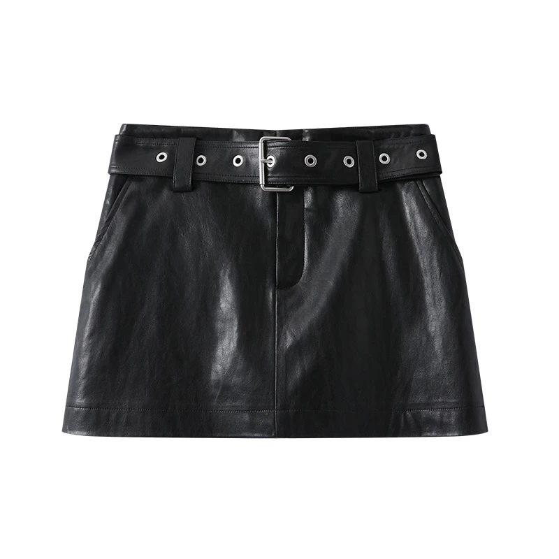 艾家同款2025春季新款时尚腰带短裙皮短裙女3501