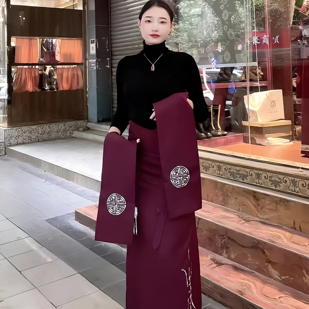 藏族服装新款藏锅庄舞双袖半身一片式刺绣舞蹈藏族半身裙