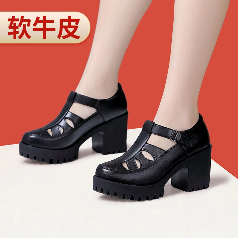 春夏高跟深口镂空单鞋女士真皮粗跟中跟厚底防水台百搭软底妈妈鞋