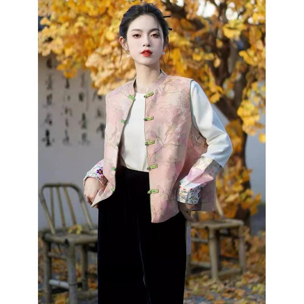 【万达撤柜】绣唐装马甲外套女2024春秋新款高级提花醋酸马夹上衣