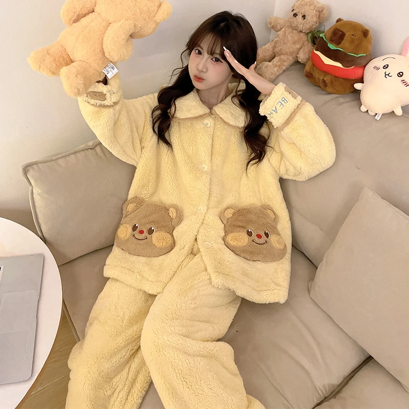 珊瑚绒秋冬睡衣女2024年新款法兰绒加绒加厚可外穿保暖家居服套装