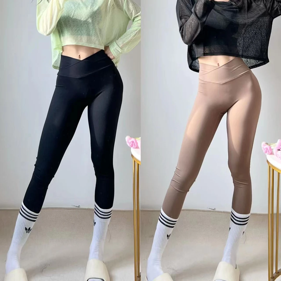 交叉腰瑜伽裤子女夏高腰提臀跑步速干骑行健身裤裸感防卷边运动裤