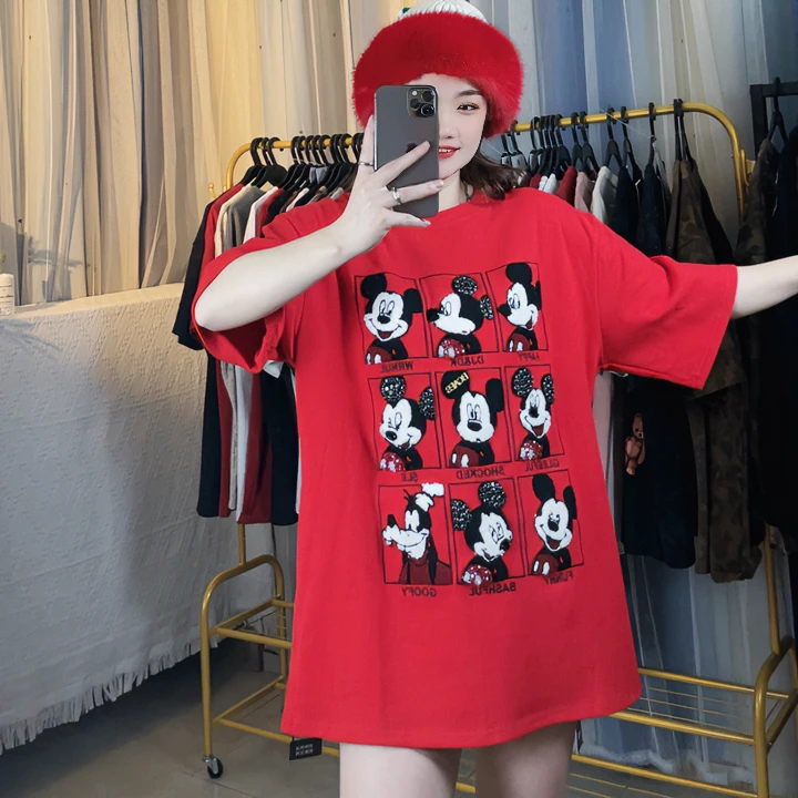 新款百搭休闲重工刺绣红色九宫格卡通米奇圆领时尚加厚磨毛T恤