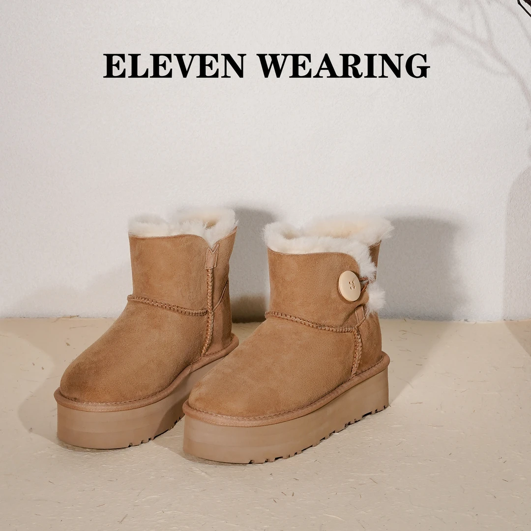 【Eleven‘shoes】羊皮毛一体增高厚底短筒雪地靴女保暖/4cm/初雪
