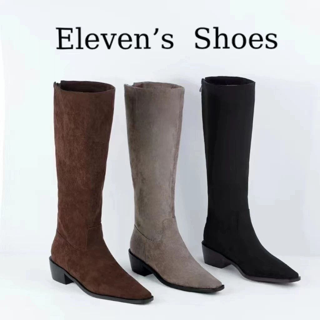 【Eleven‘shoes】方头细跟不过膝长靴简约显瘦靴/跟高3CM/婠妍