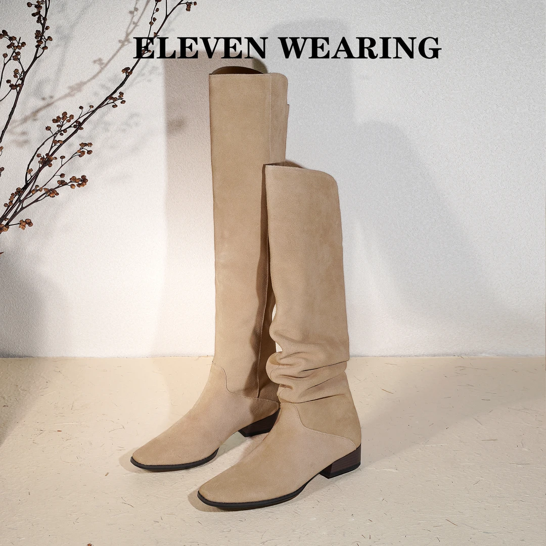 【Eleven‘shoes】尖头真皮牛反皮百搭靴子堆堆靴/跟高3cm/远方