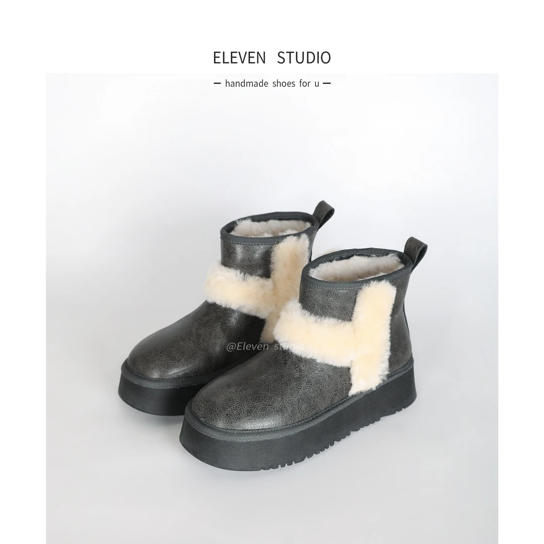 【Eleven】4.5CM 小暖炉～羊羔毛圆头厚底加绒雪地靴/月亮