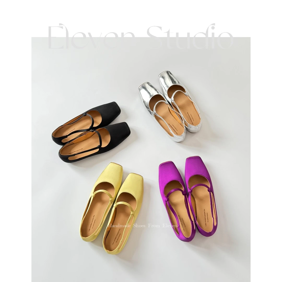 【Eleven‘shoes】2.5CM 松弛美丽~法式玛丽珍沙丁方头镂空单鞋/雨季