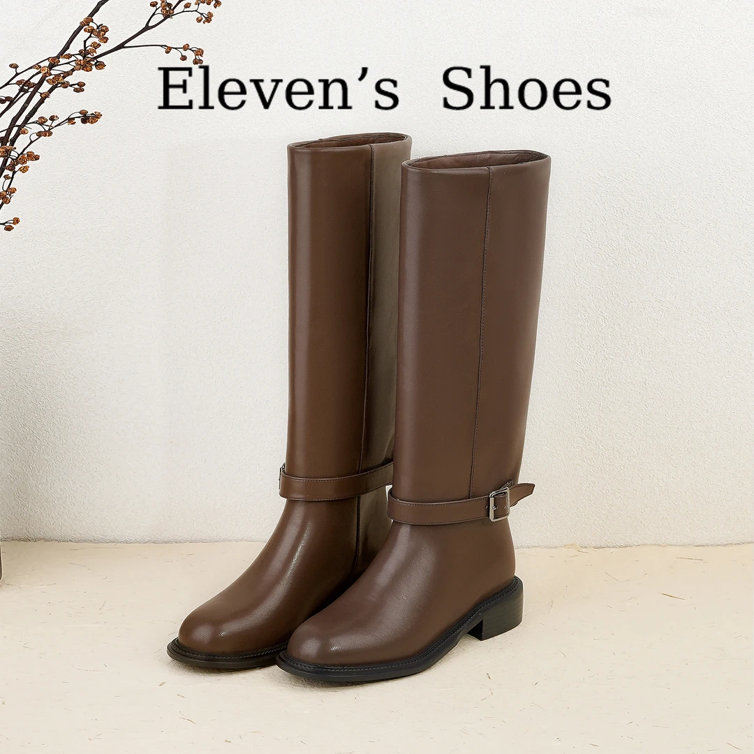 【Eleven‘shoes】复古牛皮全真皮平跟高筒长靴/3.5CM/德芙