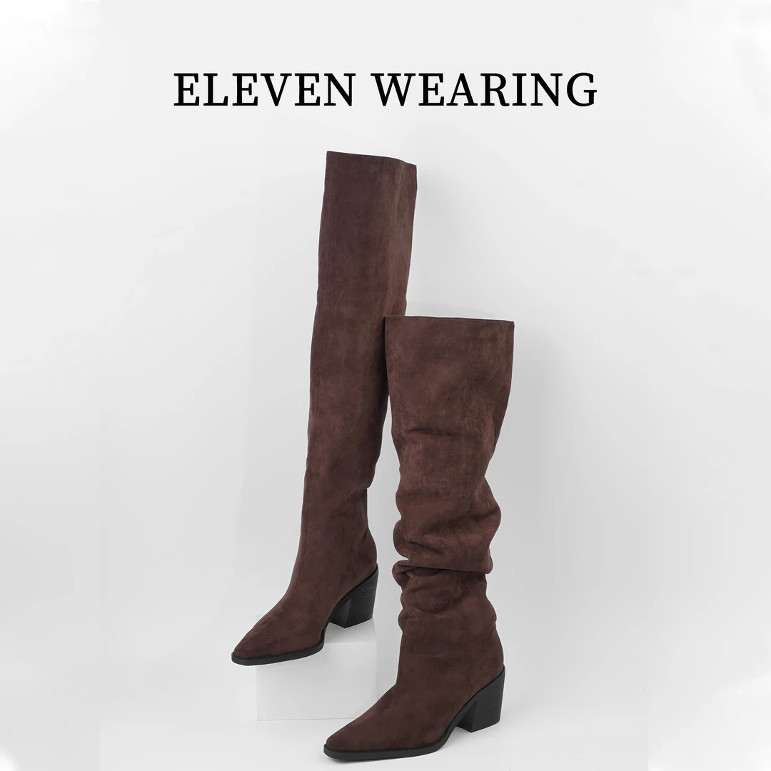 【Eleven‘shoes】秋冬过膝大筒围 复古美拉德堆堆靴/ 跟高6CM/稻香