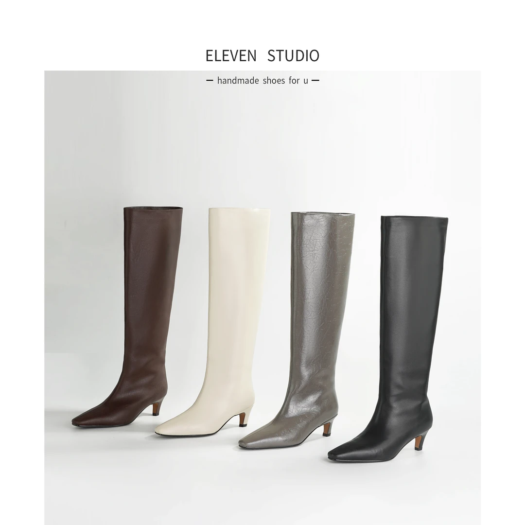 【Eleven‘shoes】5CM 真皮细跟秋冬新款方头中跟大筒围骑士靴/安然