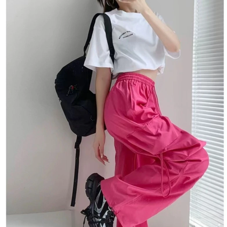 【浪漫主义】   美式复古辣妹薄款宽松潮流减龄大口袋抽绳工装裤