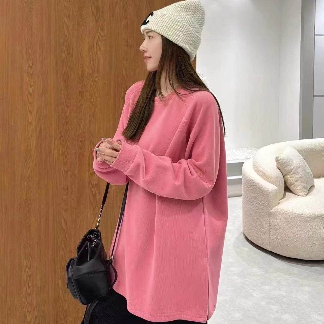 【摩姐姐欧韩】75105韩版加绒两边开叉大版圆领T恤